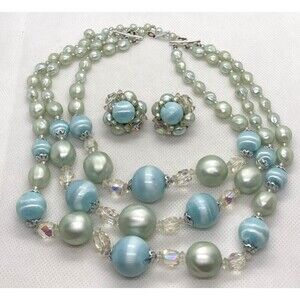 Vintage Pastel Blue Plastic Bead‎ 3 Strand 16'' Necklace Earrings Set 60s Japan